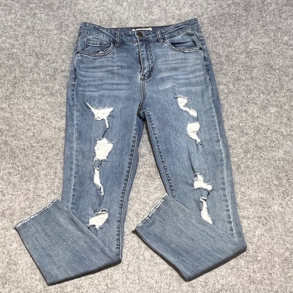 Dollhouse Womens Size 9 Distressed‎ High Rise Skinny Jeans Medium Wash Raw Hem